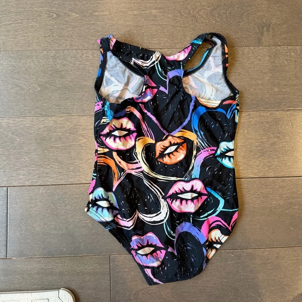 Girls' Black One-Piece Swimsuit with Colorful Lip Print